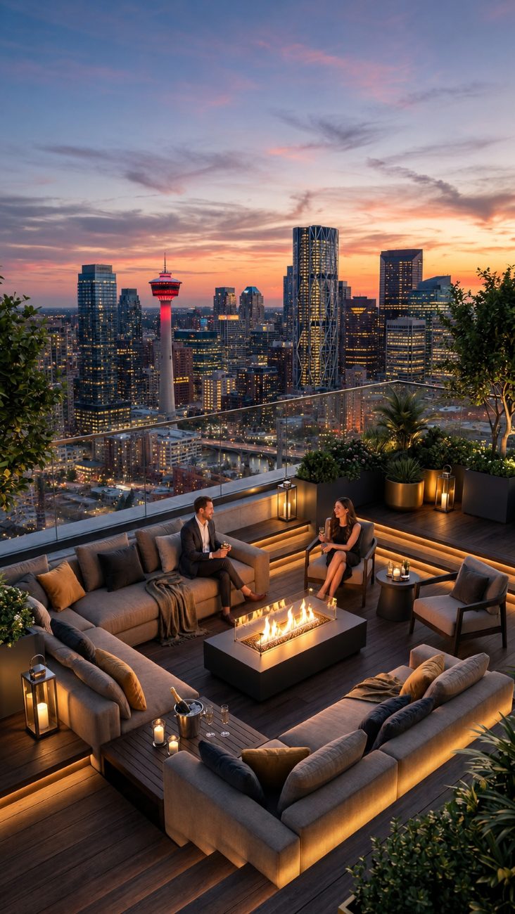 Rooftop terrace lounge at sunset with sectional seating set around a linear fire table, overlooking the Calgary skyline and the Calgary Tower.
