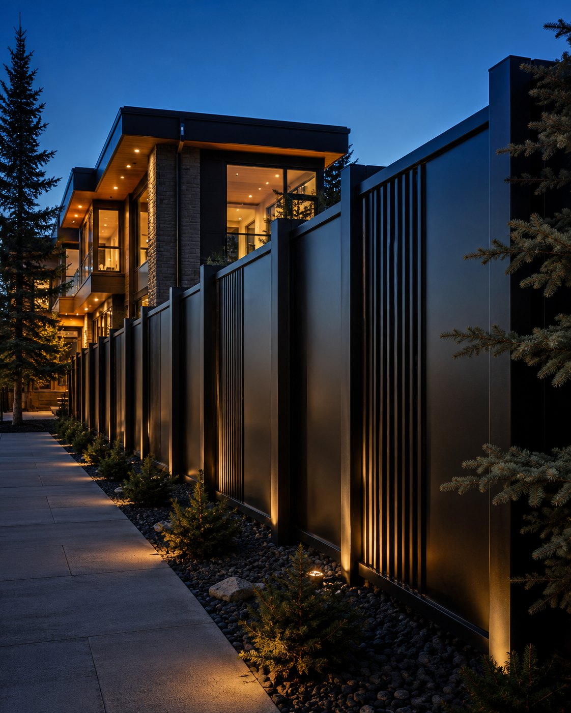 Black powder-coated aluminum privacy fence with solid panels and vertical slat sections, warmly uplit at blue hour along the edge of modern stone-and-glass Calgary homes — a custom privacy fence and architectural perimeter.
