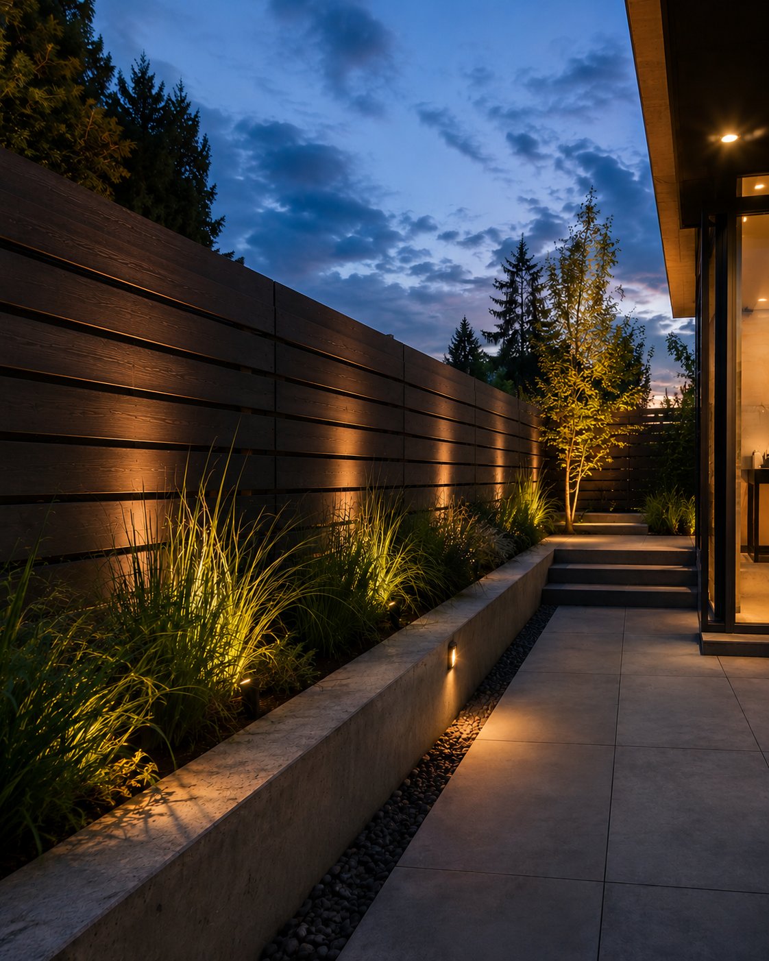 Dark horizontal composite privacy screen with warm sconce and uplighting around an inner-city Calgary backyard at dusk, with a fire-table lounge and mature spruce — a custom composite privacy fence.