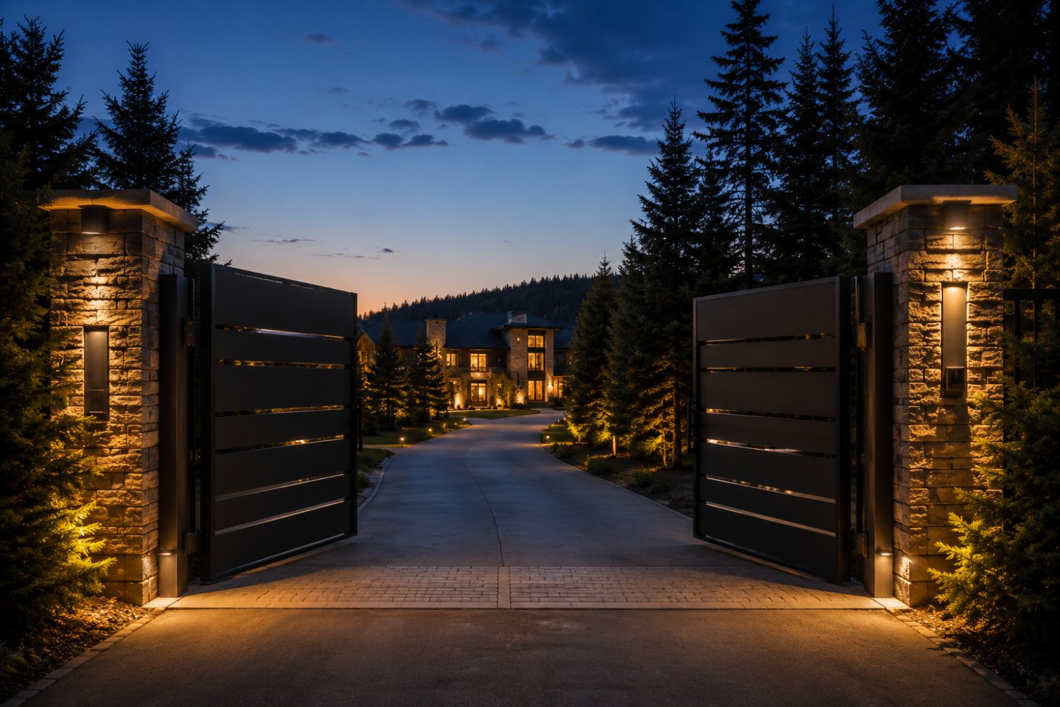 Bespoke automated dark metal driveway gate between lit stone columns at dusk, framing a treed estate driveway — automated access control and estate gate.