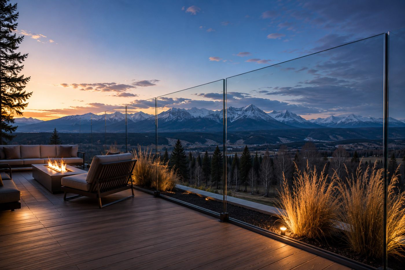Frameless 12mm glass windbreak along an estate terrace at sunset with a fire table, keeping the snow-capped mountain view fully open.