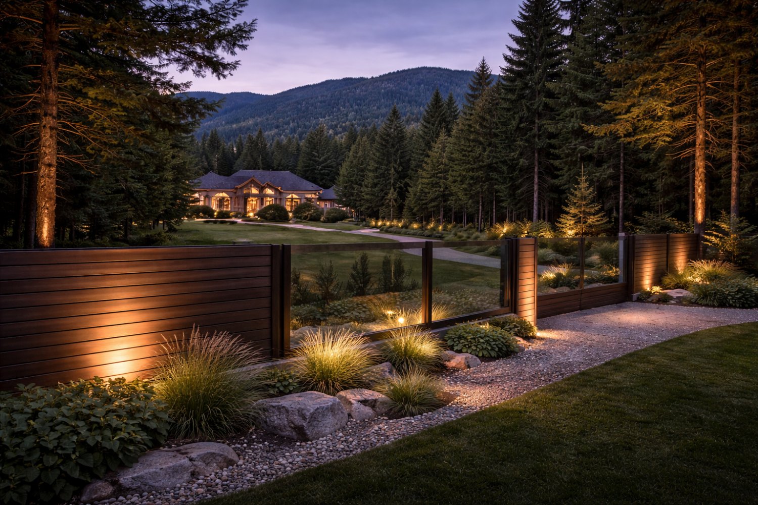 Warm composite-and-glass perimeter along a manicured estate edge at dusk, with ornamental grasses and a river-rock bed against a forested foothills backdrop.
