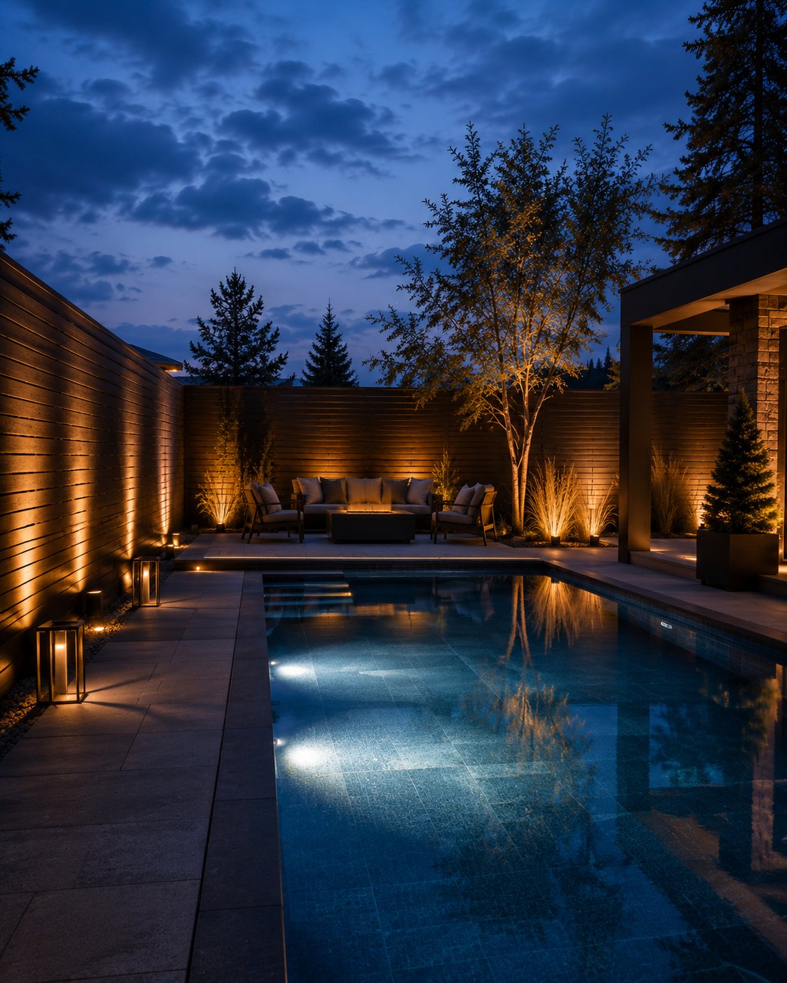 Backyard pool at blue hour enclosed by an uplit horizontal slat privacy fence, with lanterns, lounge seating and a fire table — a private pool sanctuary.