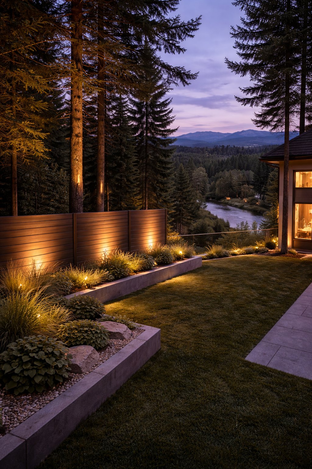 Dark horizontal composite privacy fence with warm uplighting along a manicured lawn edge at dusk, framed by tall evergreens with a river and forested foothills beyond and a lit modern home, northwest of Calgary.