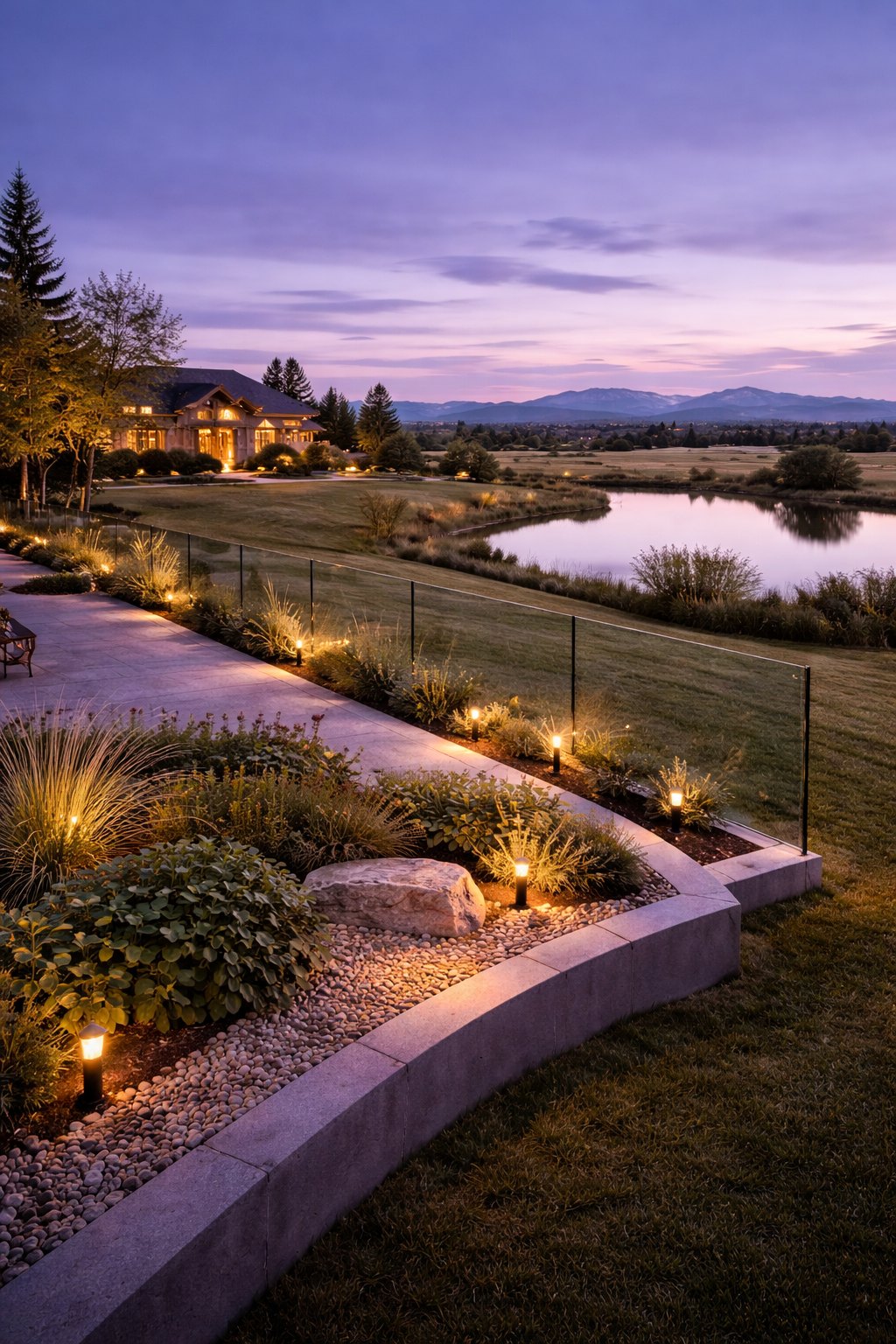 Frameless glass perimeter with slim posts running along an uplit garden path beside an estate lawn at dusk, with a pond, a lit estate home and distant foothills, keeping the view fully open south of Calgary.