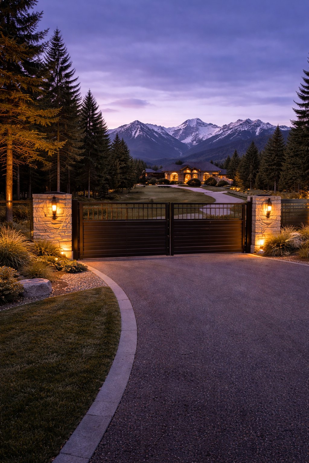 Bespoke automated dark horizontal-slat metal driveway gate between lit stone columns at dusk, framing a curved acreage driveway with a warmly lit estate home and snow-capped Rocky Mountains beyond, west of Calgary.