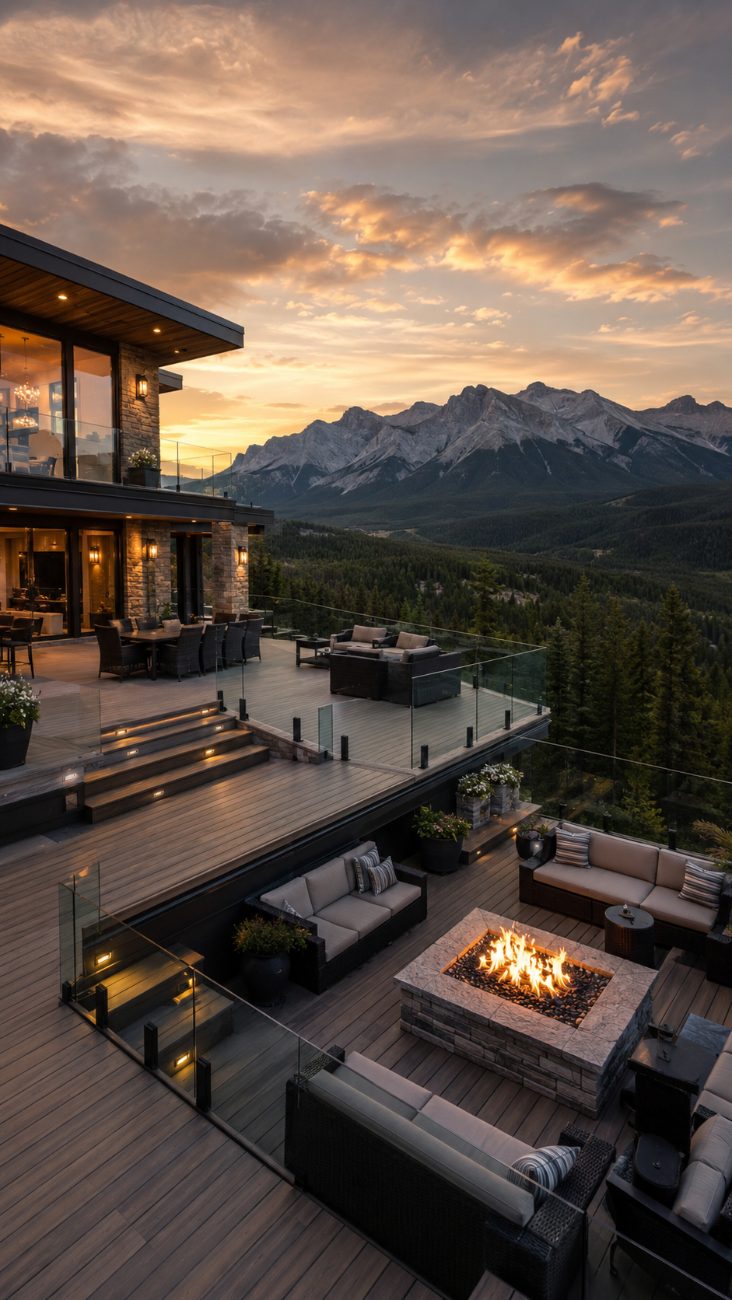 Multi-level custom deck at sunset with sectional seating gathered around a stone fire pit and frameless glass railings, overlooking a forested valley and snow-capped Rocky Mountains.