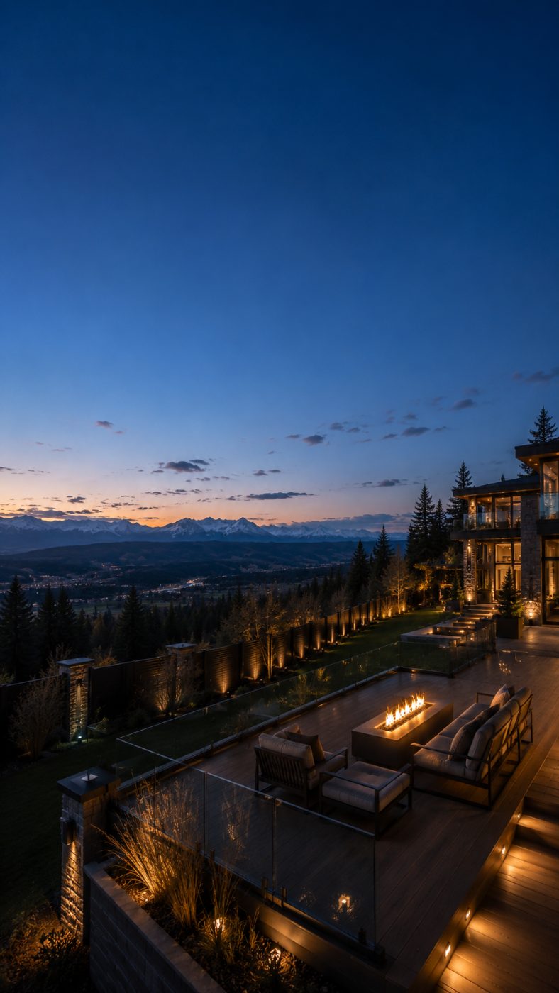Expansive multi-level estate deck at dusk with glass railings, a linear fire feature and lounge seating, set on a Rocky Mountain ridgeline above a lit foothills valley near Calgary.