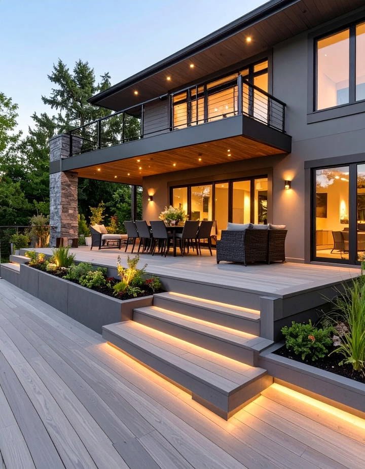 Clean, modern grey composite deck at dusk with horizontal cable railings, integrated step lighting, a stone-clad column and planted borders, beside a contemporary two-storey home with a covered dining terrace and balcony.