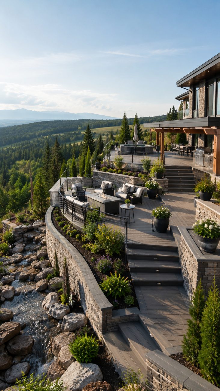 Daytime multi-level deck stepping down a forested foothills slope, with stone retaining walls, a water feature, a fire table and a pergola outdoor kitchen.