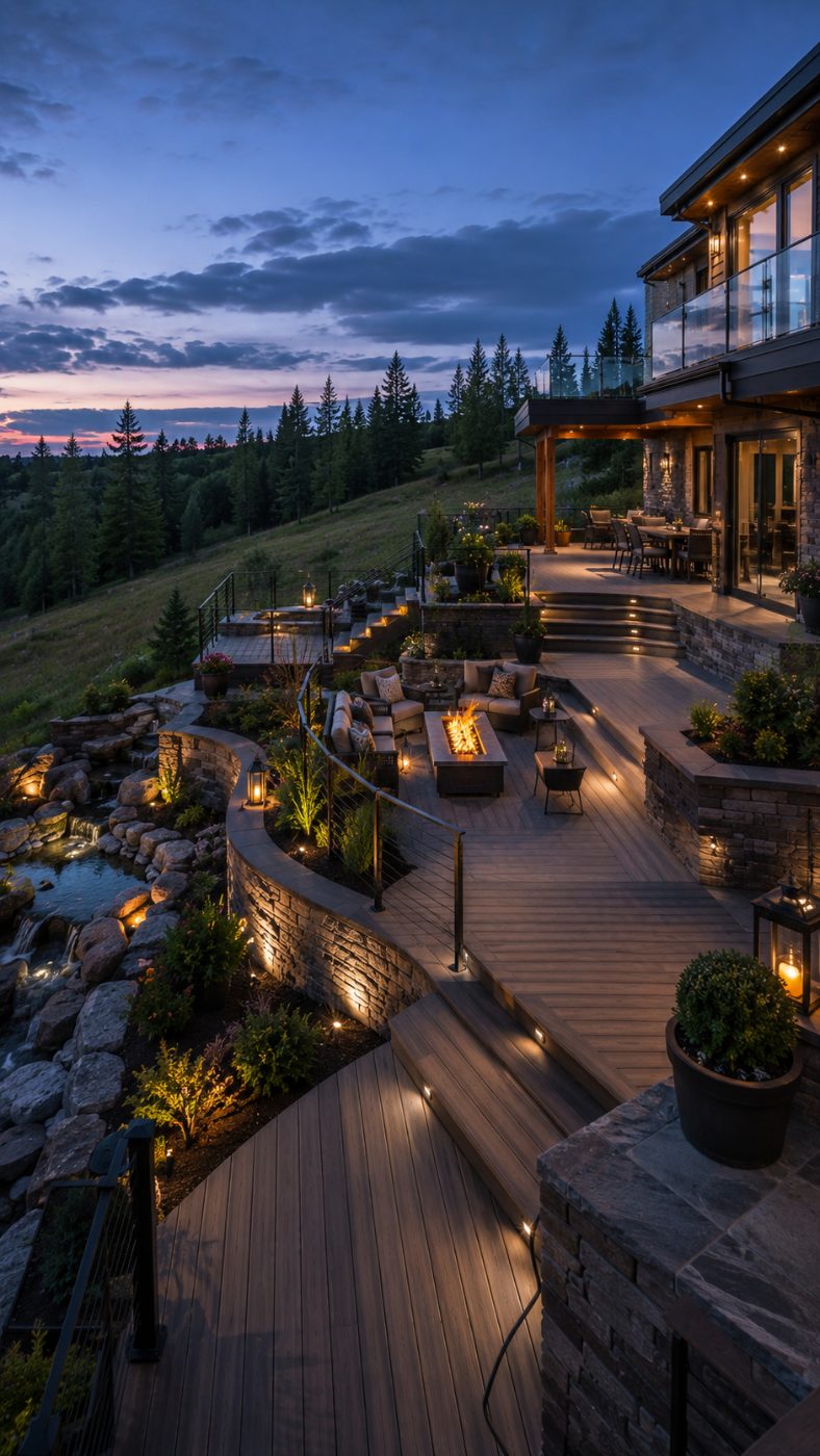 Multi-level deck at twilight with a gas fire-pit lounge, integrated step lighting, a water feature and lush plantings, set against a wide foothills sky.