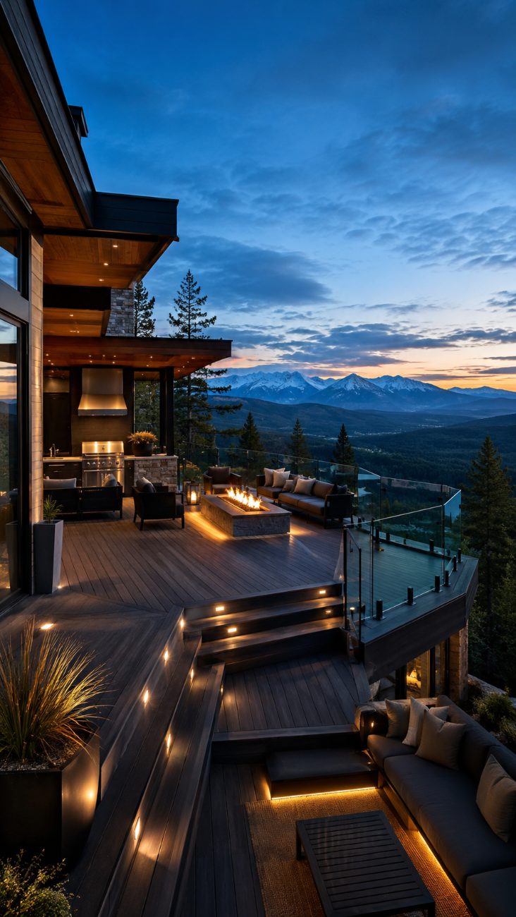 Multi-level mountain-view deck at dusk with frameless glass railings, a linear fire table and an outdoor kitchen, opening to panoramic snow-capped Rocky Mountains.