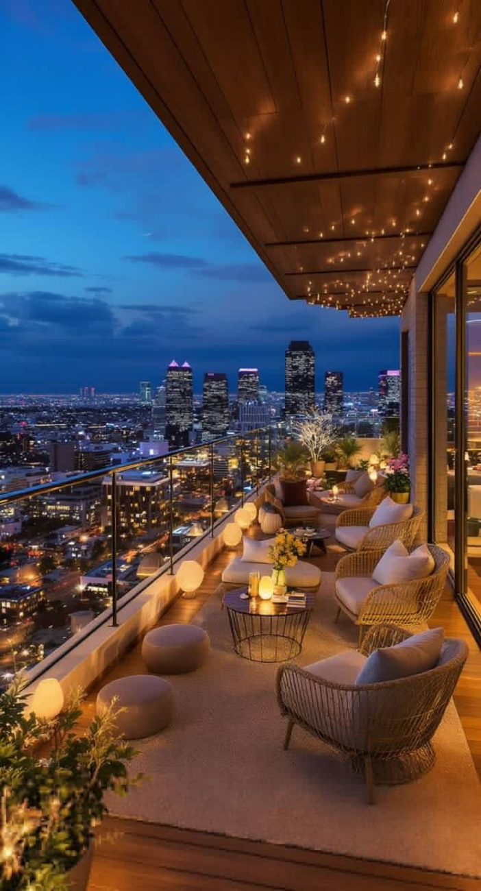 Covered terrace lounge at blue hour with a string-lit timber ceiling, deep wicker seating and a glittering city skyline beyond.
