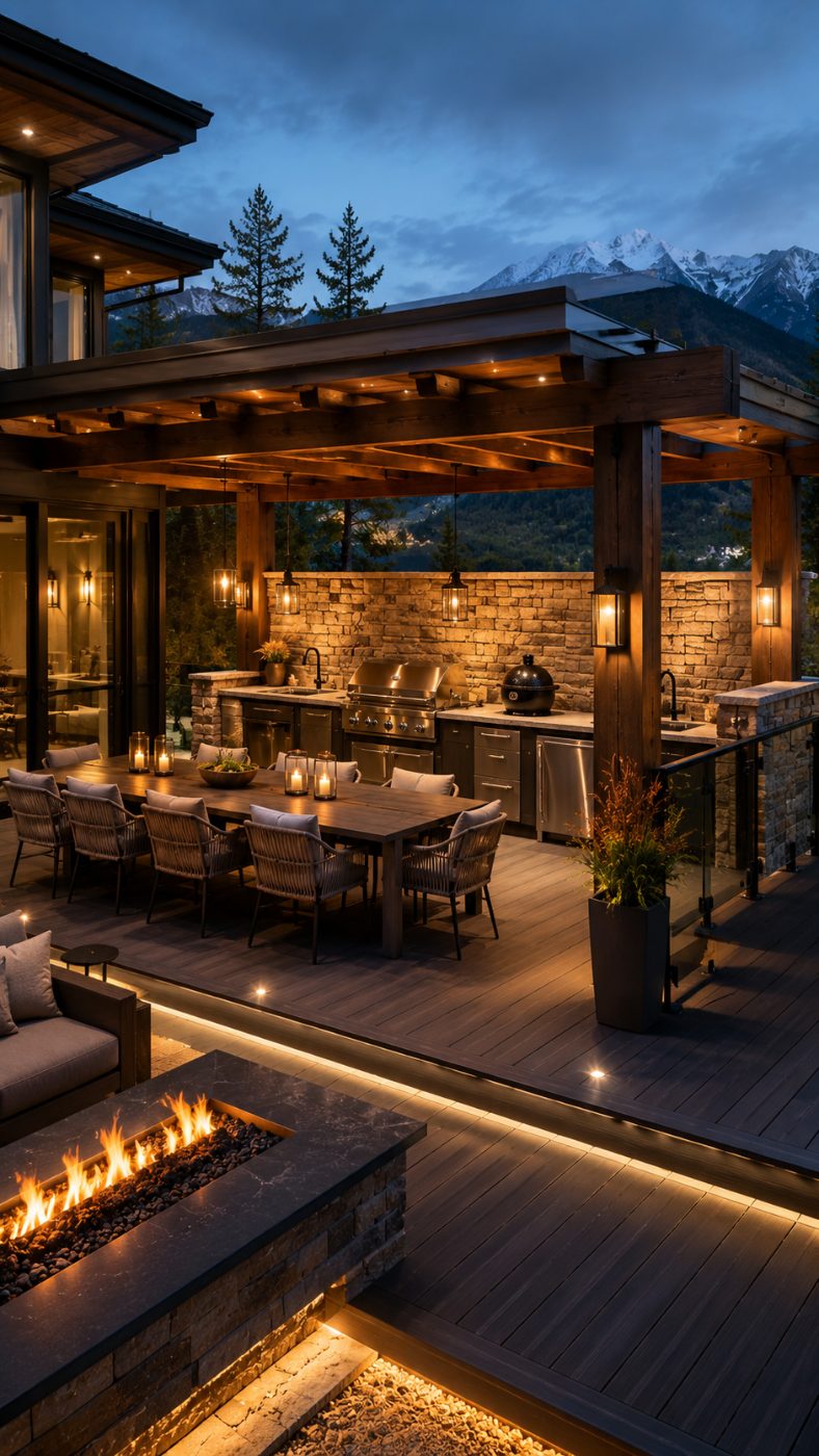 Covered outdoor kitchen beneath a heavy timber pergola, with a stone bar, built-in grill, candlelit dining table and a linear fire feature, framed by mountains at dusk.