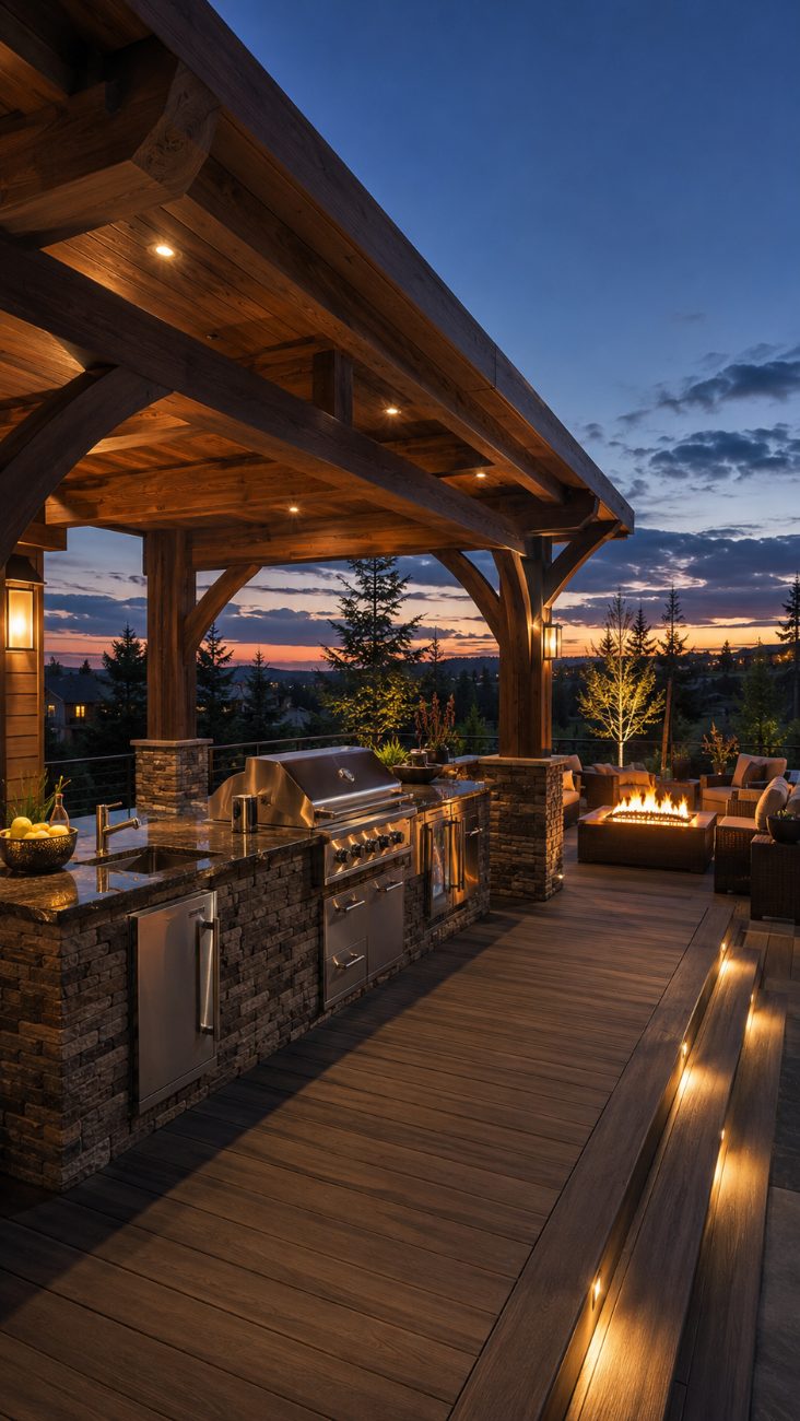 Timber-pergola outdoor kitchen with a stainless grill, stone-clad counter and a fire feature, overlooking treed hills at sunset.