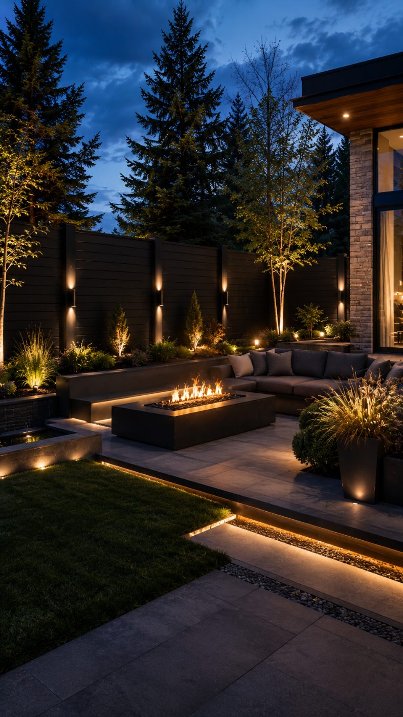 Dark horizontal composite privacy fence with warm sconce and uplighting around an inner-city Calgary backyard at dusk, with a fire-table lounge and mature spruce.