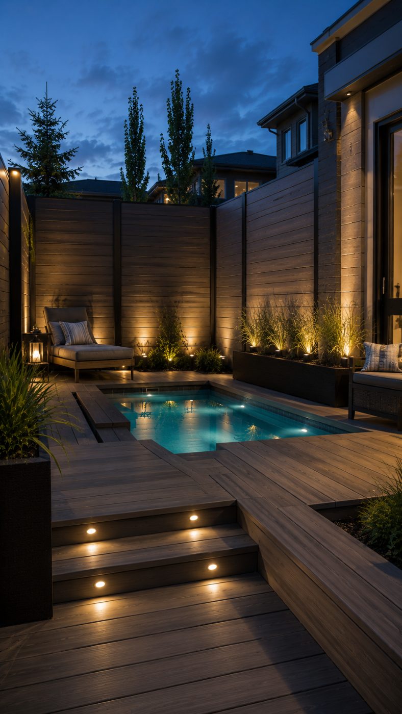 Horizontal composite privacy screen with warm uplighting enclosing a west-side Calgary courtyard at blue hour, with a plunge pool, lounge seating and neighbouring modern homes screened from view.