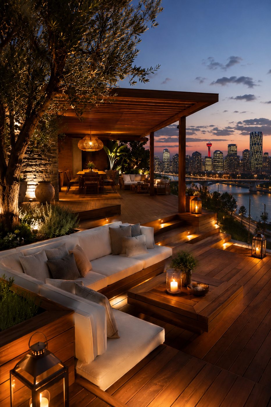 Warm wood terrace at twilight with a pergola, built-in bench seating and an olive tree, overlooking the Bow River and the Calgary skyline.