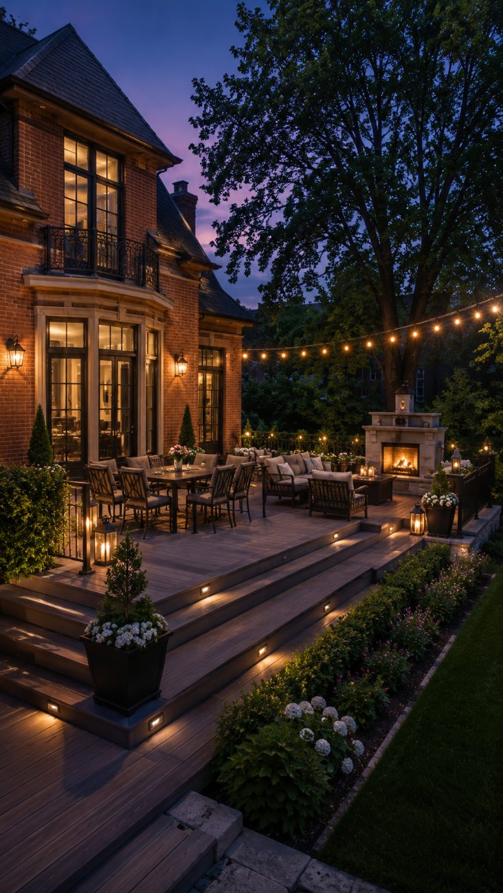 Tiered backyard deck beside a brick heritage home at dusk, with a stone outdoor fireplace, string lighting, a dining area and a mature planted border.